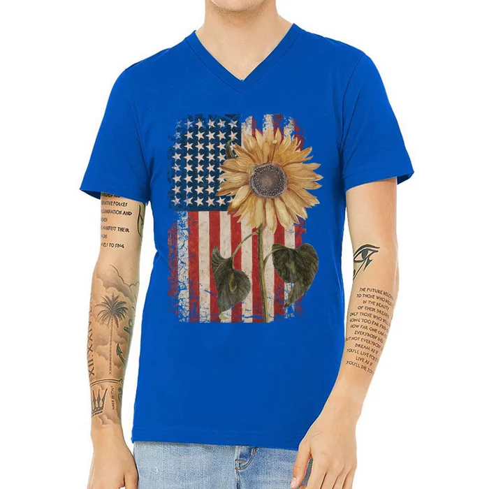 America Sunflower Flag 4th July American Patriotic Flower Gift V-Neck T-Shirt