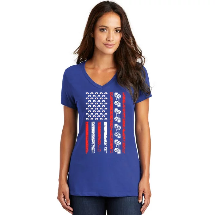 American Sports Flag National Nurses Day Pickleball Gift Women's V-Neck T-Shirt