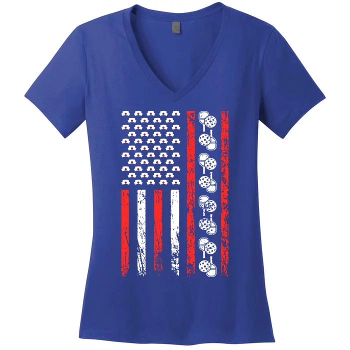 American Sports Flag National Nurses Day Pickleball Gift Women's V-Neck T-Shirt