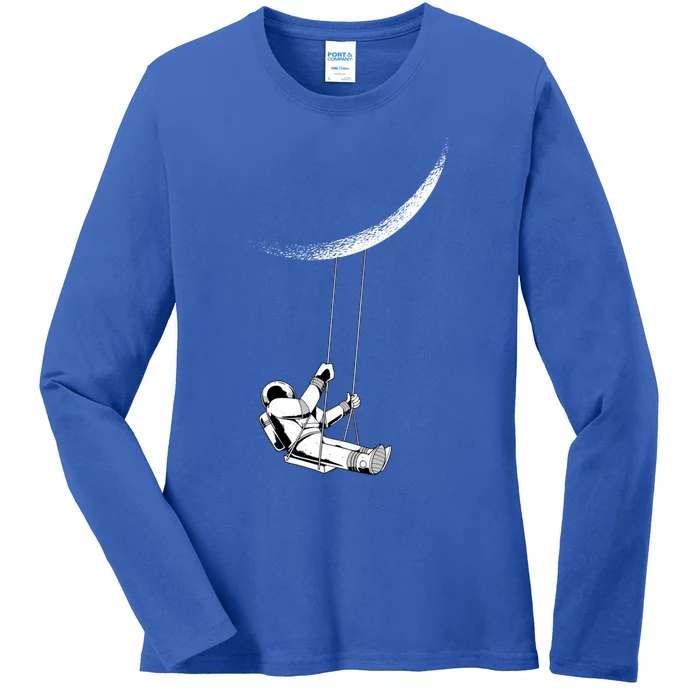 Astronaut Swinging From The Moon Fun Space Meme Gift Ladies Long Sleeve Shirt