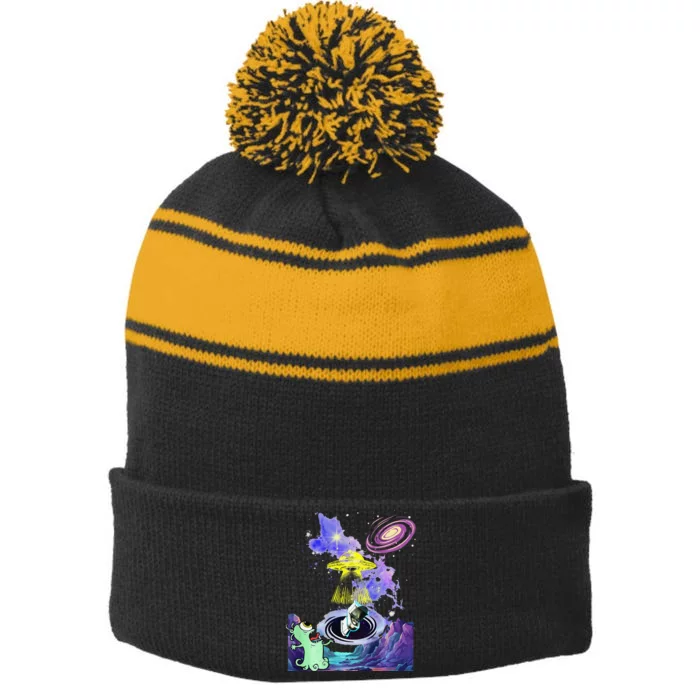 Alien Space Fluff Stripe Pom Pom Beanie