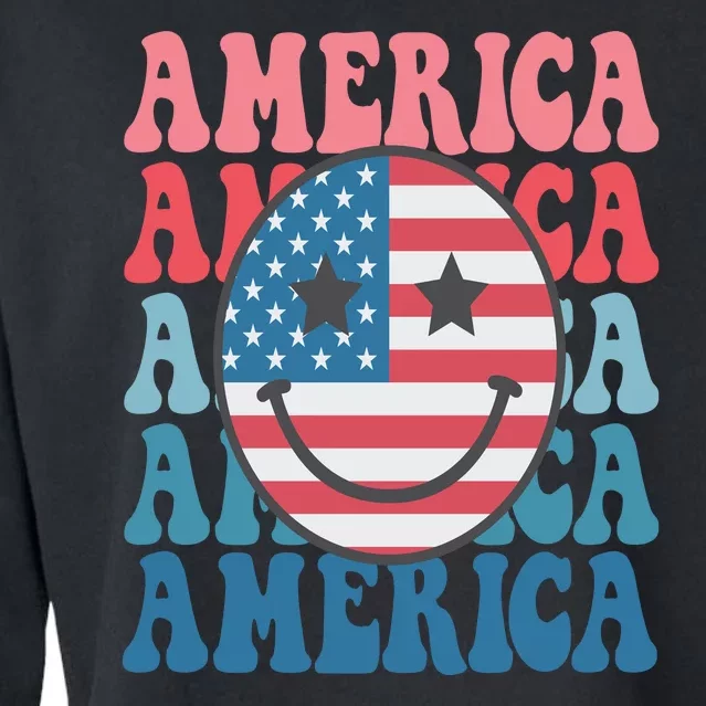 America Smiley Face Cropped Pullover Crew