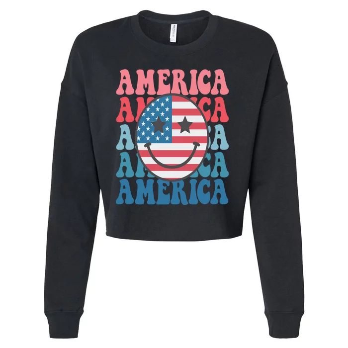 America Smiley Face Cropped Pullover Crew