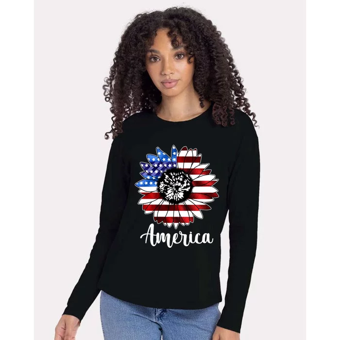 America Sunflower Flag 4th July Womens Cotton Relaxed Long Sleeve T-Shirt