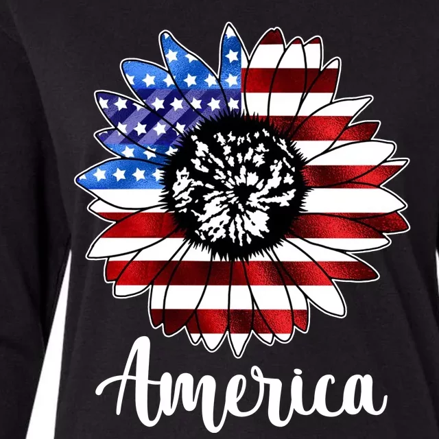 America Sunflower Flag 4th July Womens Cotton Relaxed Long Sleeve T-Shirt