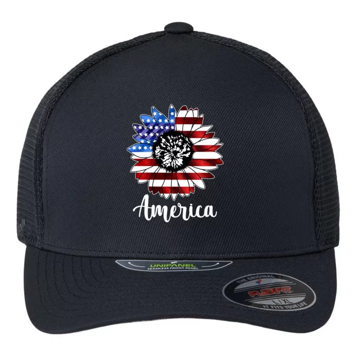 America Sunflower Flag 4th July Flexfit Unipanel Trucker Cap