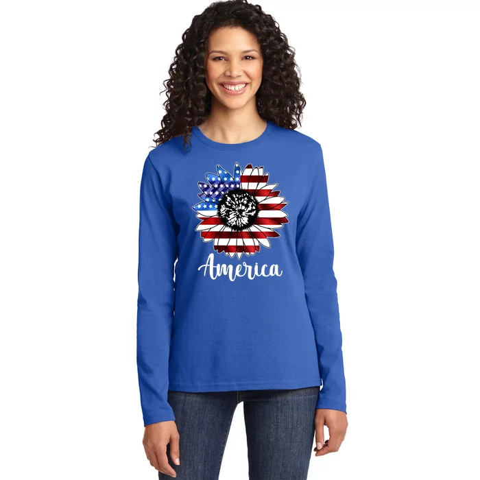 America Sunflower Flag 4th July Ladies Long Sleeve Shirt