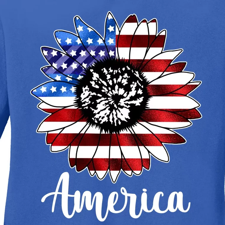 America Sunflower Flag 4th July Ladies Long Sleeve Shirt