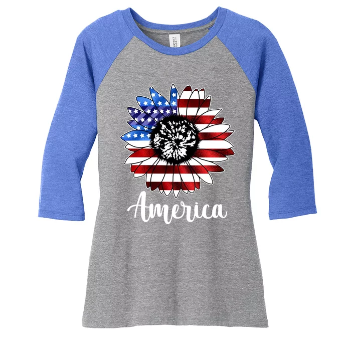 America Sunflower Flag 4th July Women's Tri-Blend 3/4-Sleeve Raglan Shirt