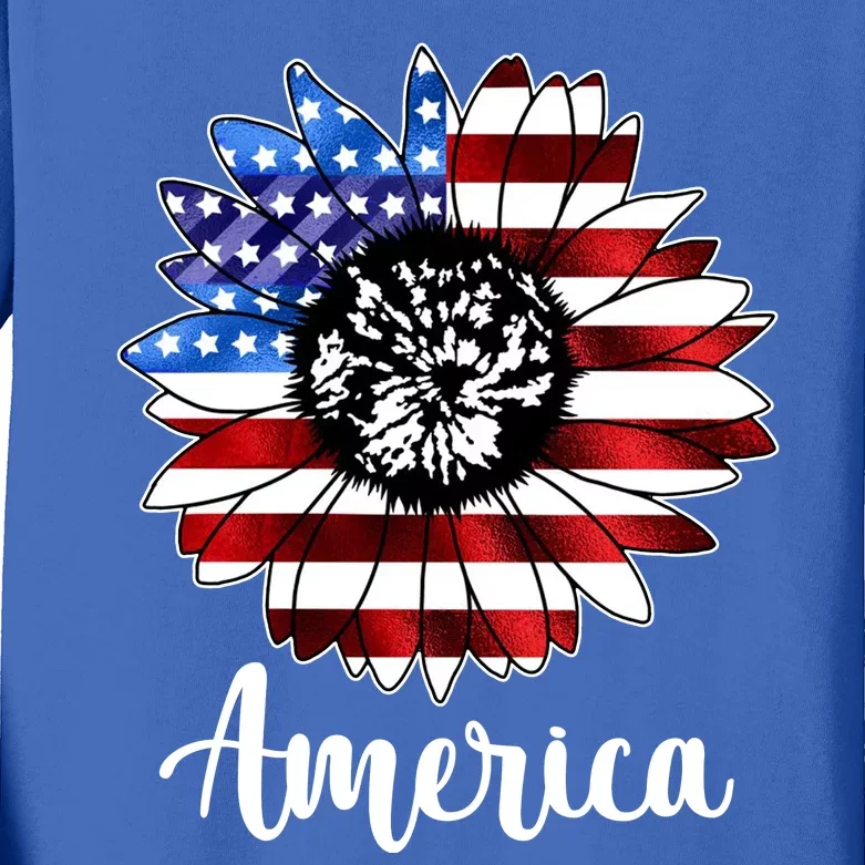 America Sunflower Flag 4th July Kids Long Sleeve Shirt