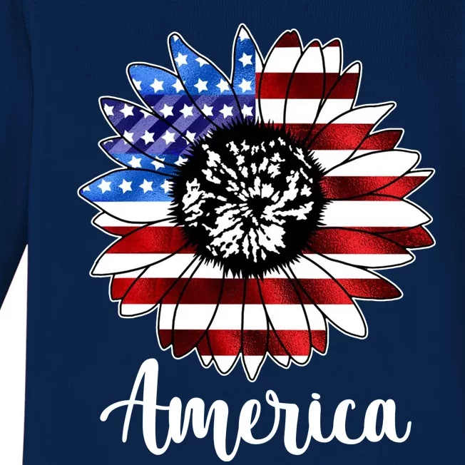 America Sunflower Flag 4th July Baby Long Sleeve Bodysuit