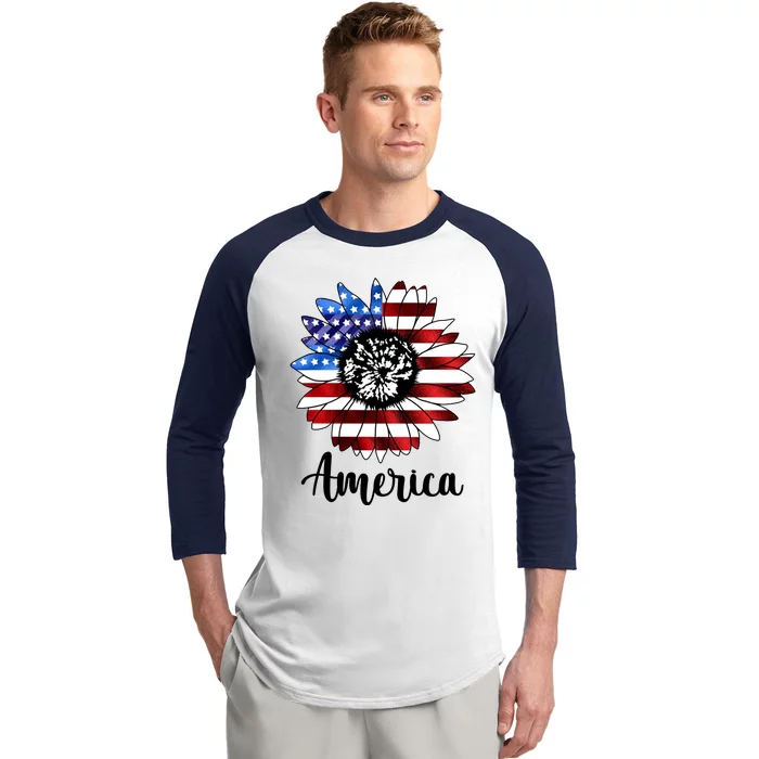 America Sunflower Flag 4th July Baseball Sleeve Shirt