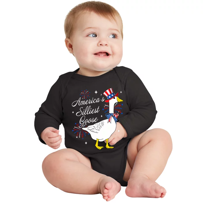 Americas Silliest Goose Fourth Of July Silly Goose Fireworks Baby Long Sleeve Bodysuit