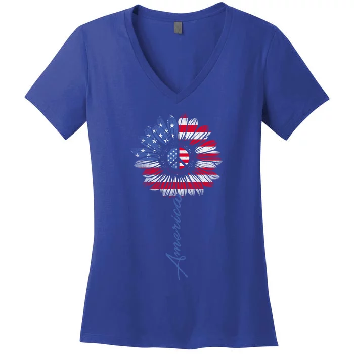 America Sunflower Gift Usa Flag Sunflower Peace Sign Gift Women's V-Neck T-Shirt