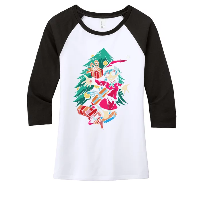 Anime Santa Hat Christmas Pajama Cute Kawaii Xmas Otaku Women's Tri-Blend 3/4-Sleeve Raglan Shirt