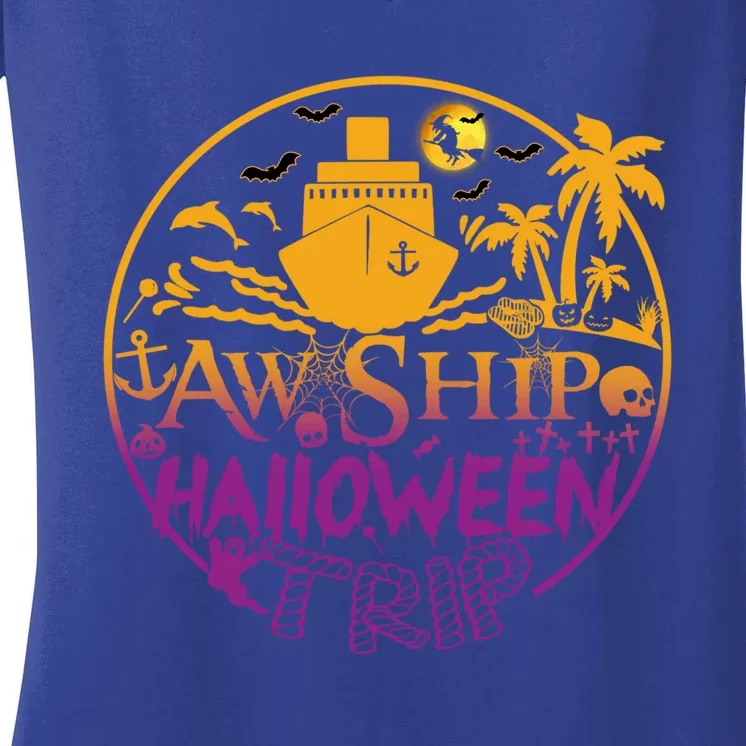 Aw Ship Halloween Trip Family Cruising Crew Cruise Squad Cute Gift Women's V-Neck T-Shirt