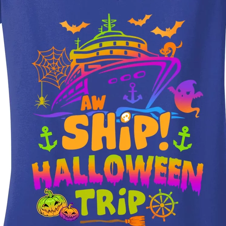 Aw Ship Halloween Trip Family Cruising Crew Cruise Squad Gift Women's V-Neck T-Shirt