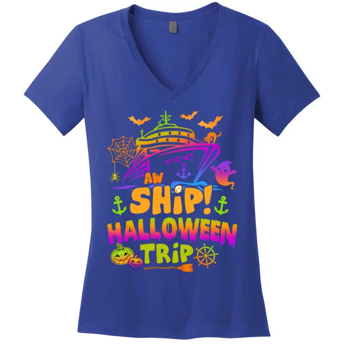 Aw Ship Halloween Trip Family Cruising Crew Cruise Squad Gift Women's V-Neck T-Shirt