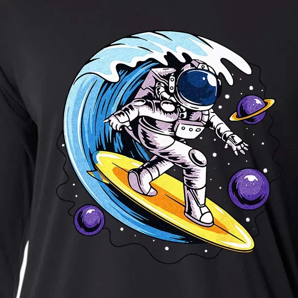 Astronaut Surfing in Outer Space Surfer Surfboarder Spaceman Cooling Performance Long Sleeve Crew