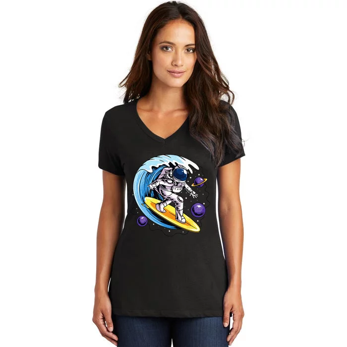 Astronaut Surfing in Outer Space Surfer Surfboarder Spaceman Women's V-Neck T-Shirt