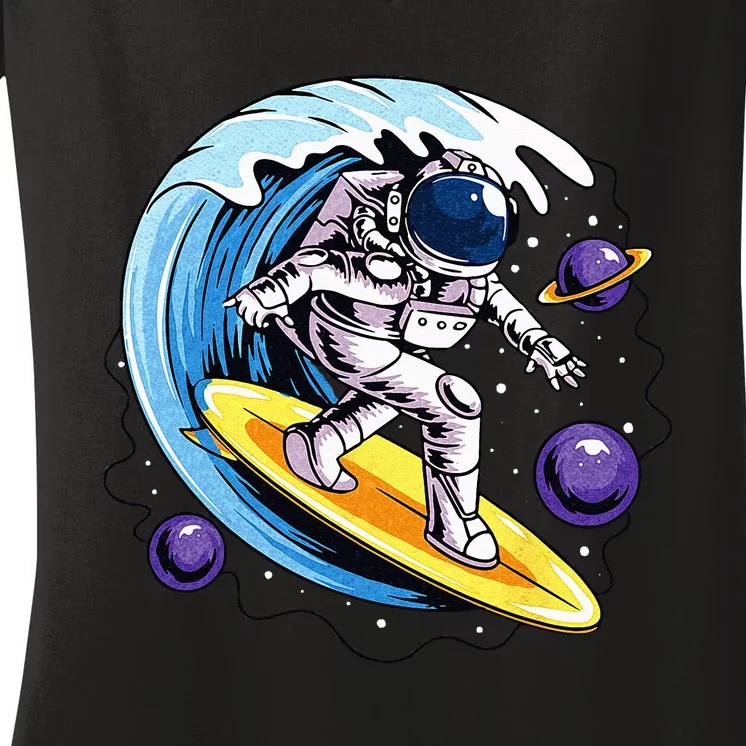 Astronaut Surfing in Outer Space Surfer Surfboarder Spaceman Women's V-Neck T-Shirt