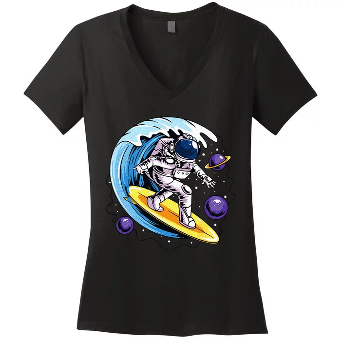 Astronaut Surfing in Outer Space Surfer Surfboarder Spaceman Women's V-Neck T-Shirt