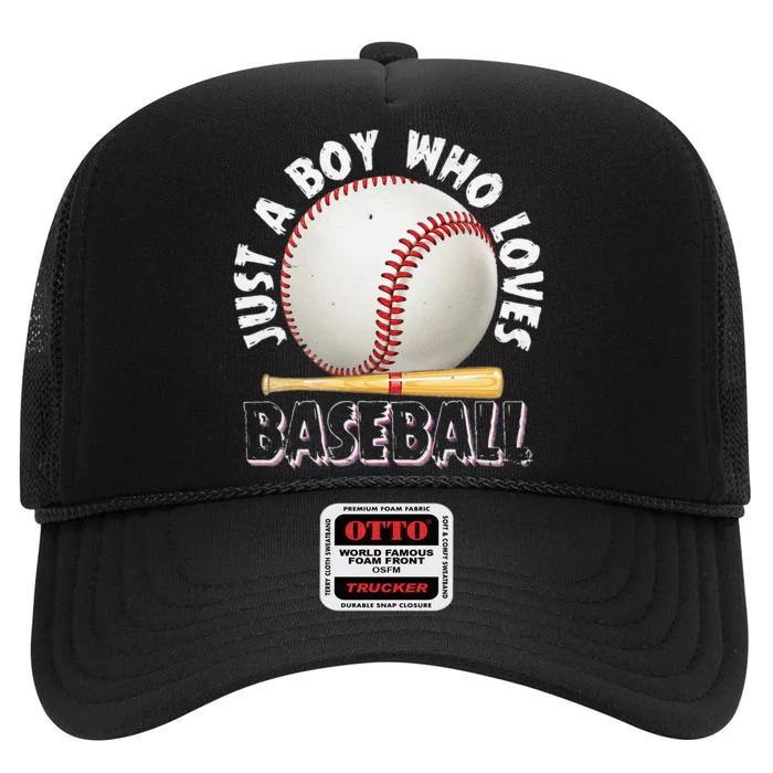 American Sport Just A Boy Who Loves Baseball Gifts For High Crown Mesh Trucker Hat