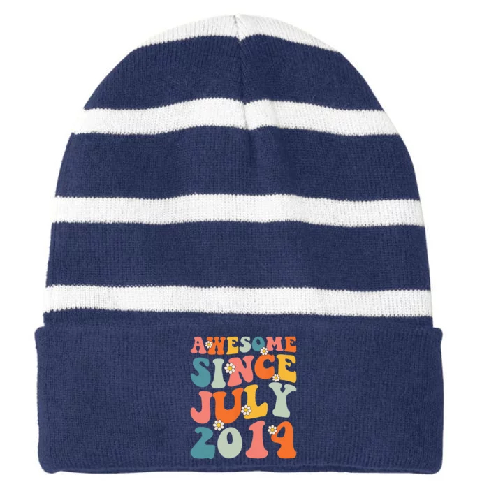 Awesome Since July 2014 Hippie Retro Groovy Birthday Striped Beanie with Solid Band