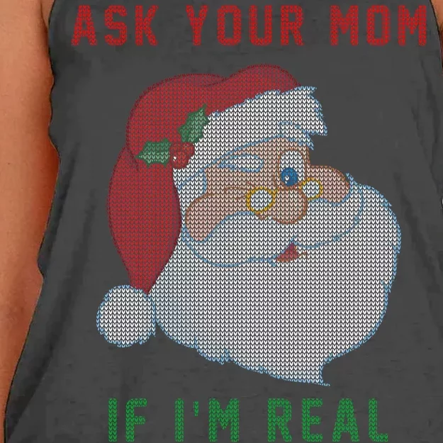 Ask Your Mom If I'm Real Funny Santa X-Mas Women's Knotted Racerback Tank