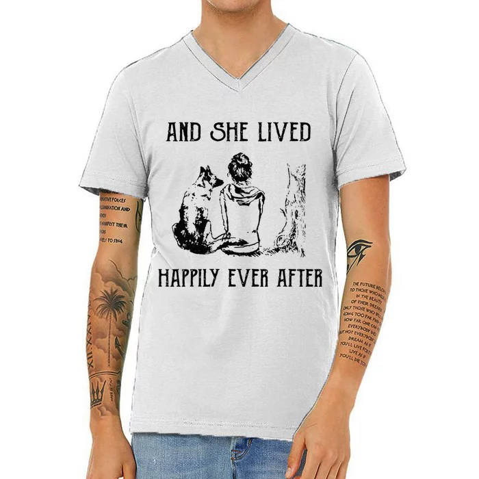 And She Lived Happily Ever After Funny Dogs V-Neck T-Shirt