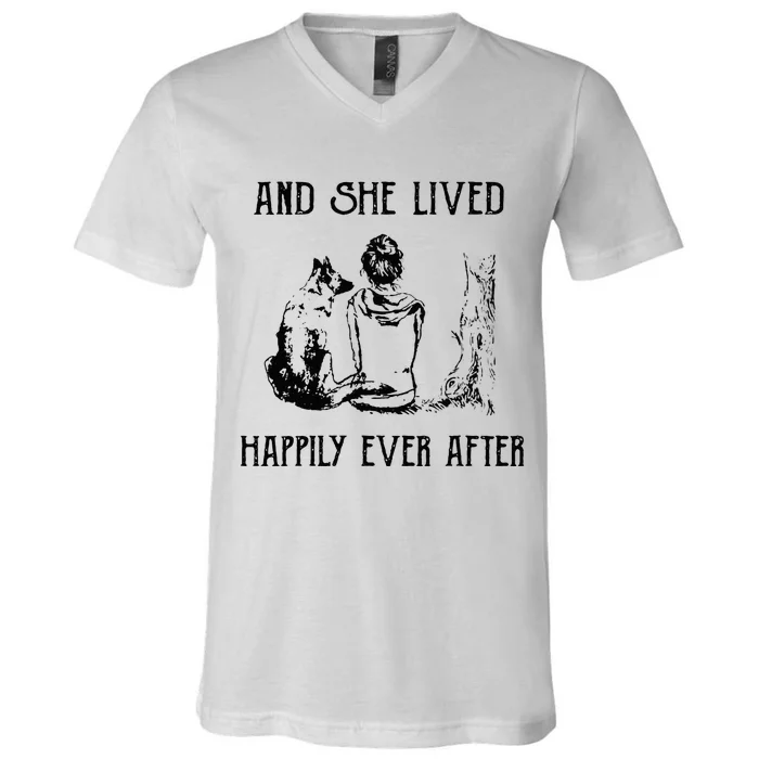 And She Lived Happily Ever After Funny Dogs V-Neck T-Shirt