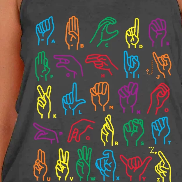 Abc Sign Language Chart Teacher Hand Letter Alphabet Asl Women's Knotted Racerback Tank