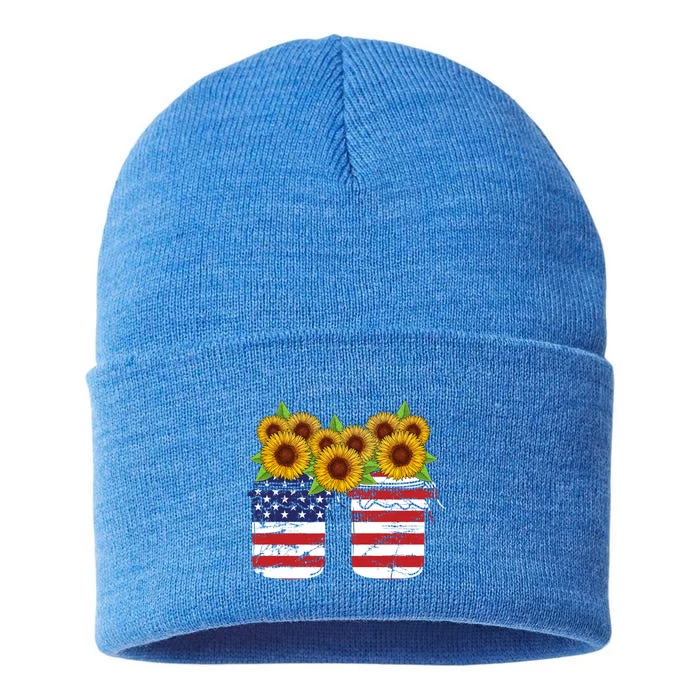 America Sunflowers Love American Patriot Stars And Stripes Cute Gift Sustainable Knit Beanie