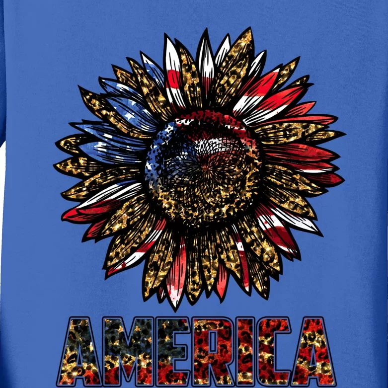 America Sunflower Leopard Usa Flag Patriotic 4th Of July Cute Gift Kids Long Sleeve Shirt