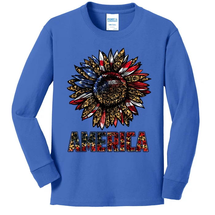 America Sunflower Leopard Usa Flag Patriotic 4th Of July Cute Gift Kids Long Sleeve Shirt