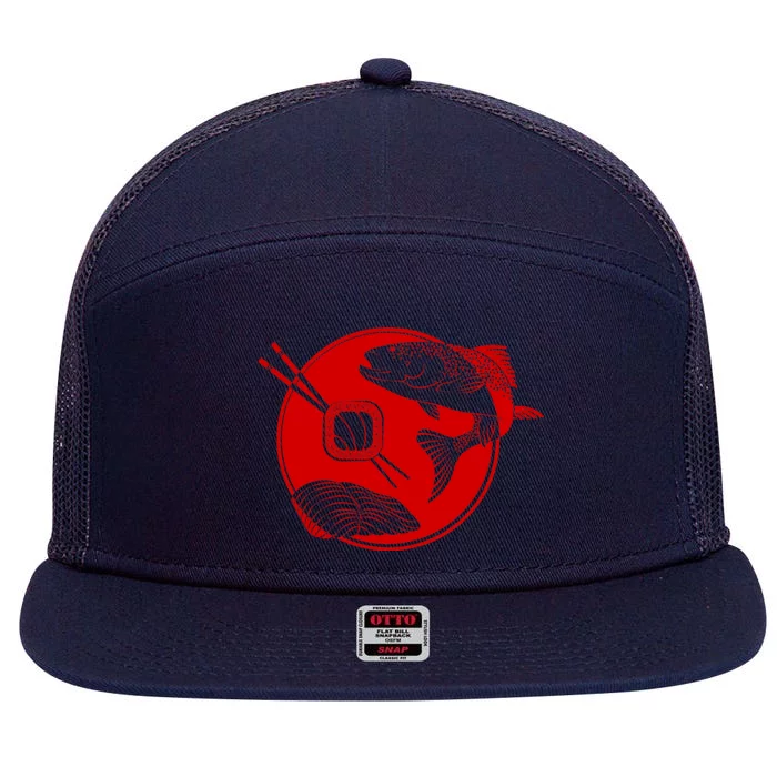 Anime Sushi Logo Salmon Sashimi Sushi 7 Panel Mesh Trucker Snapback Hat