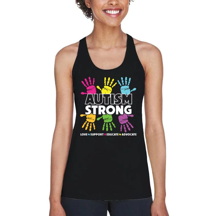 Autism Strong Love Support Educate Advocate Autism Awareness Women's Racerback Tank