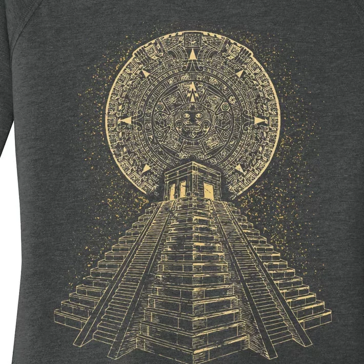 Ancient Sacred Mayan Aztec Calendar Pyramid Geometry Women's Perfect Tri Tunic Long Sleeve Shirt