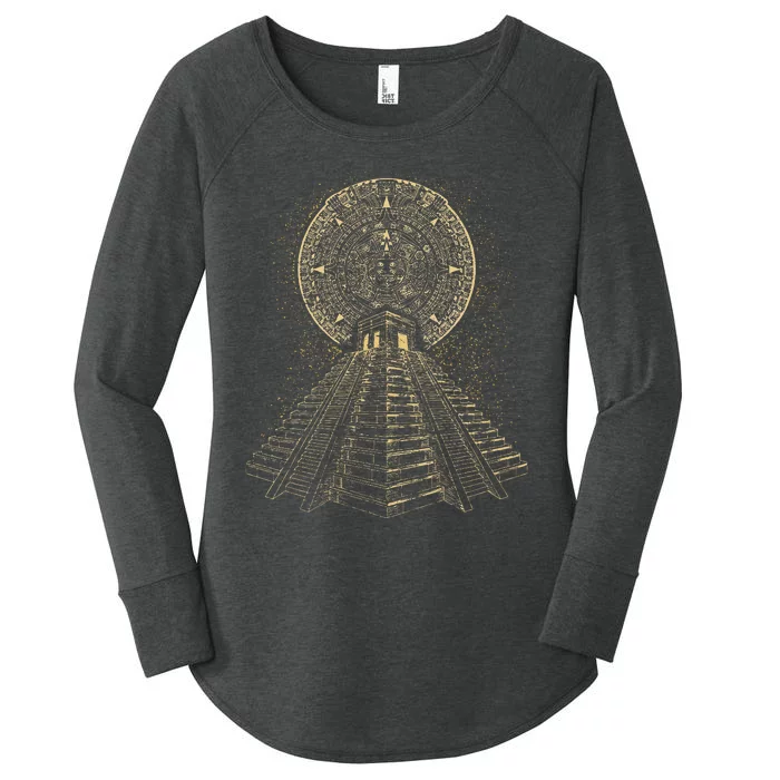 Ancient Sacred Mayan Aztec Calendar Pyramid Geometry Women's Perfect Tri Tunic Long Sleeve Shirt