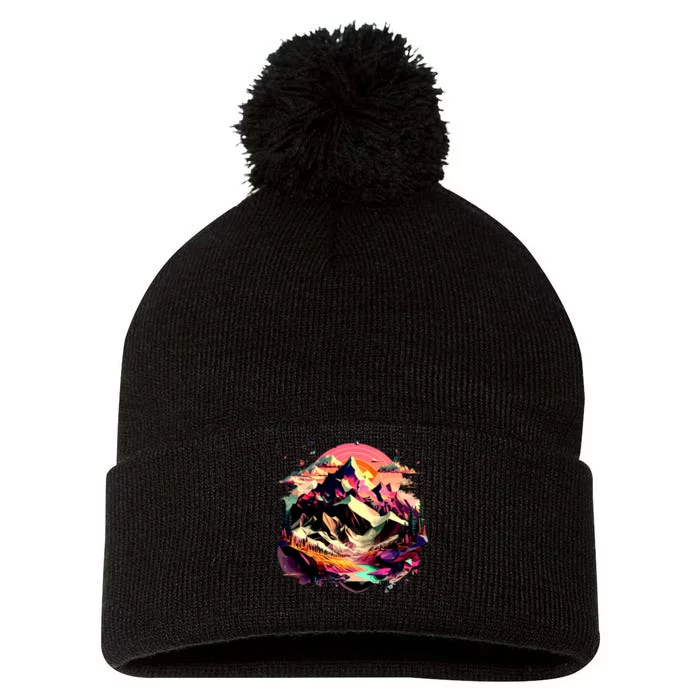 Abstract Swiss Mountains With Wild Nature Pom Pom 12in Knit Beanie