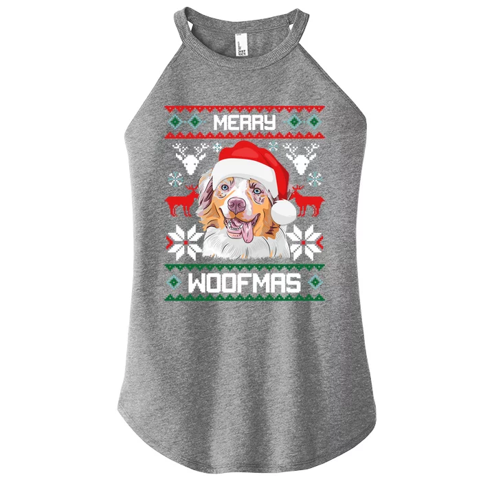 Australian Shepherd Merry Woofmas Dog Christmas Xmas Gift Women’s Perfect Tri Rocker Tank