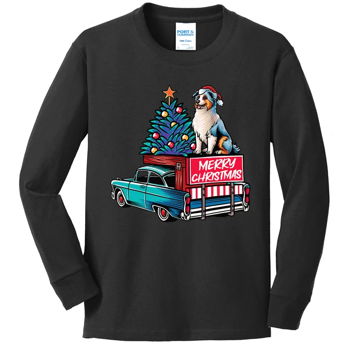 Australian Shepherd Merry Christmas Truck Christmas Tree Kids Long Sleeve Shirt