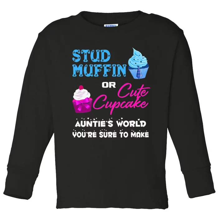 Auntie's Stud Muffin Or Cute Cupcake Gender Reveal Toddler Long Sleeve Shirt