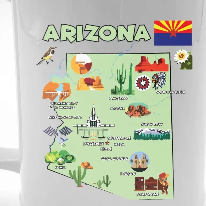 Arizona State Map Us Tourist Attractions Cities Flag Front & Back Beer Stein