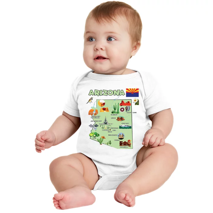 Arizona State Map Us Tourist Attractions Cities Flag Baby Bodysuit