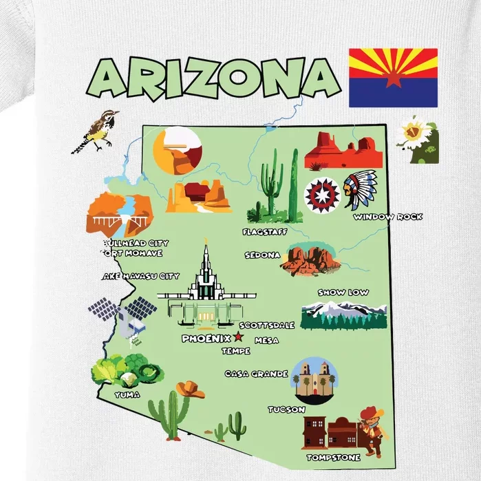 Arizona State Map Us Tourist Attractions Cities Flag Baby Bodysuit