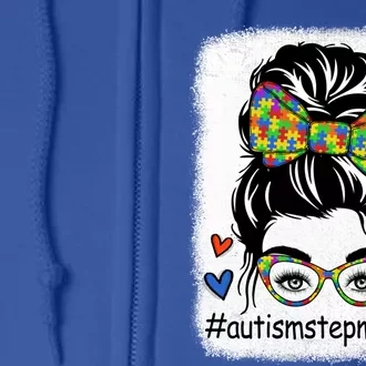 Autism Step Mom Life Messy Bun Sunglasses Autism Awareness Funny Gift Full Zip Hoodie