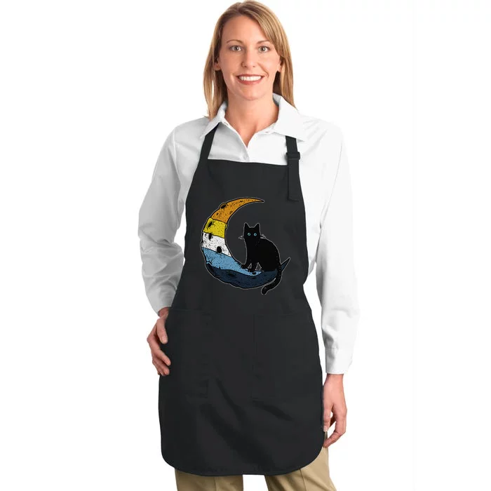 Aroace Sunset Pride Flag Moon Cat LGBT Gay Asexual Aromantic Full-Length Apron With Pocket