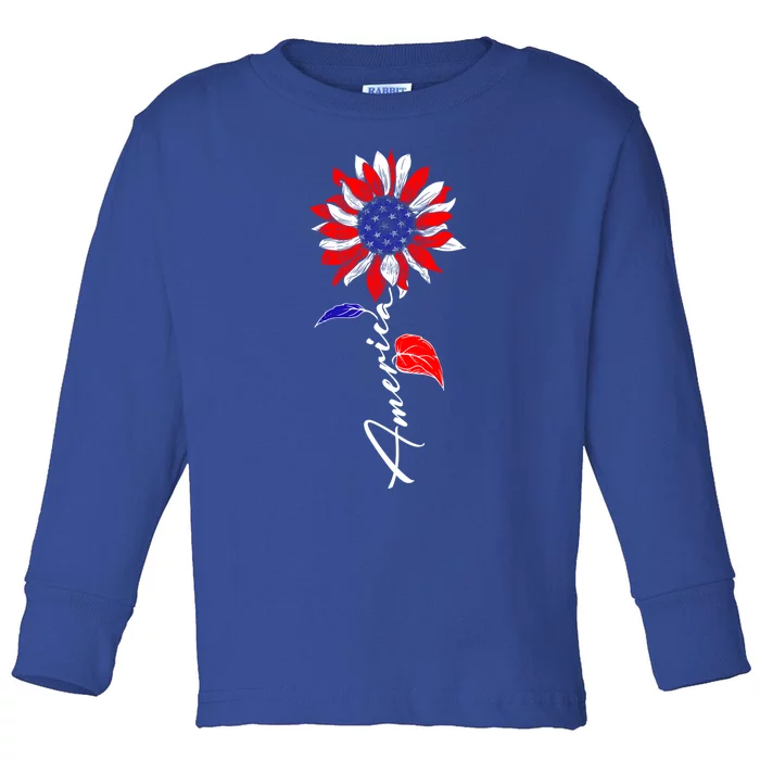 America Sunflower Patriotic Graphic 4th Of July Gift Toddler Long Sleeve Shirt