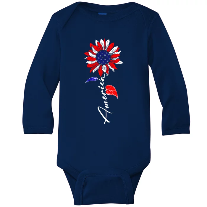 America Sunflower Patriotic Graphic 4th Of July Gift Baby Long Sleeve Bodysuit